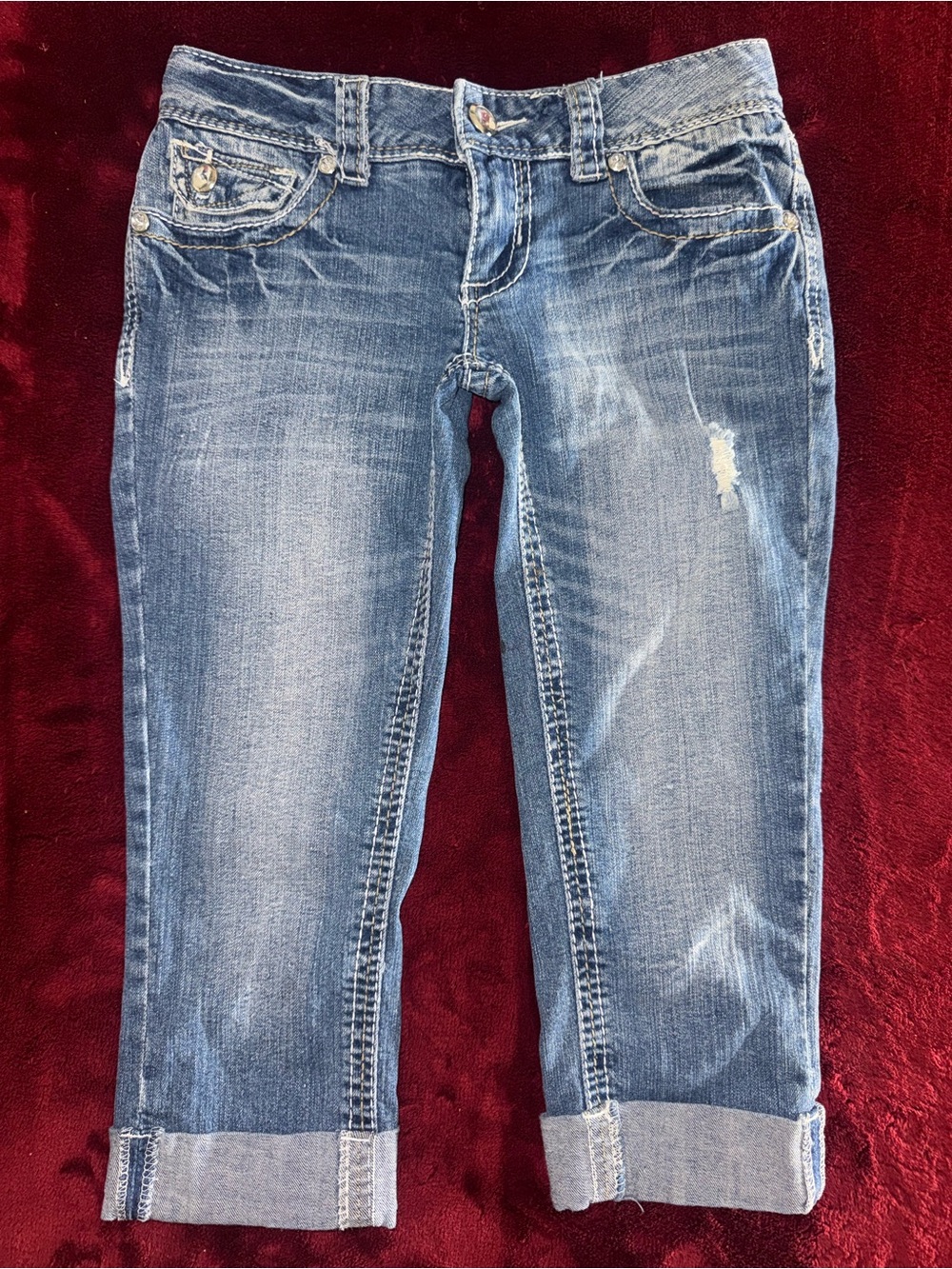 Y2K Low Rise Amethyst Jeans Distressed Cropped Blue Denim size 3/26